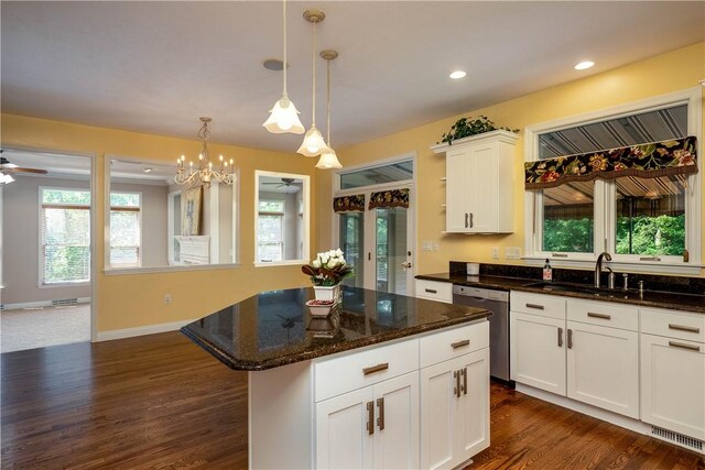 130 Sewickley Farm Cir, Marshall, PA 16046 - kitchen with stainless steel dishwasher, ceiling fan, dark wood-style flooring, white cabinetry, and recessed lighting