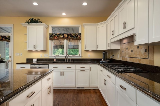 130 Sewickley Farm Cir, Marshall, PA 16046 - kitchen with open shelves, white cabinets, dark stone countertops, dark wood finished floors, and recessed lighting