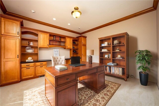 130 Sewickley Farm Cir, Marshall, PA 16046 - home office with ornamental molding, light colored carpet, built in desk, and recessed lighting