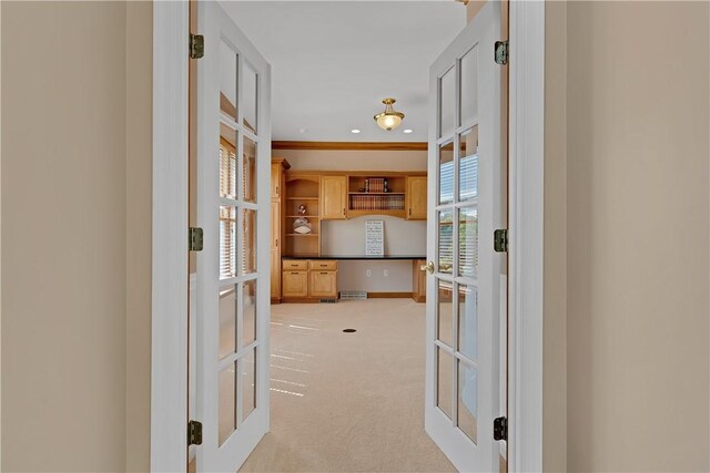 130 Sewickley Farm Cir, Marshall, PA 16046 - hallway with light carpet, french doors, crown molding, and recessed lighting
