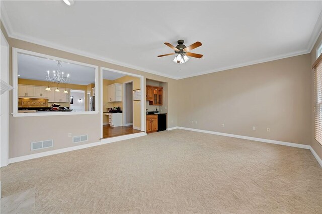 130 Sewickley Farm Cir, Marshall, PA 16046 - unfurnished living room featuring a chandelier, light carpet, a ceiling fan, and ornamental molding