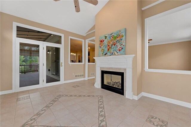 130 Sewickley Farm Cir, Marshall, PA 16046 - unfurnished living room with ceiling fan, tile patterned floors, vaulted ceiling, and a tile fireplace