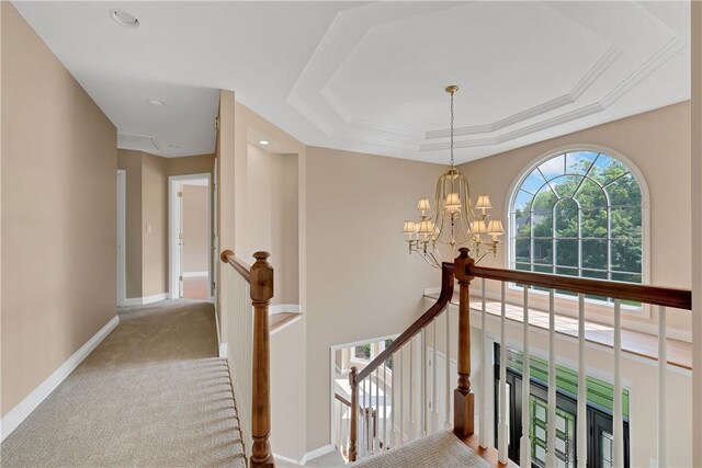 130 Sewickley Farm Cir, Marshall, PA 16046 - hallway with an upstairs landing, carpet, a chandelier, a raised ceiling, and recessed lighting