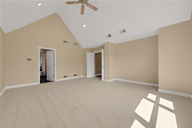 130 Sewickley Farm Cir, Marshall, PA 16046 - empty room with high vaulted ceiling, a ceiling fan, light carpet, and recessed lighting