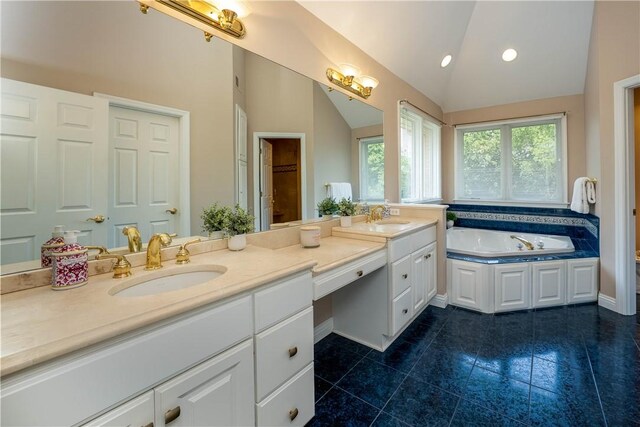 130 Sewickley Farm Cir, Marshall, PA 16046 - bathroom with double vanity, a garden tub, tile patterned floors, vaulted ceiling, and recessed lighting