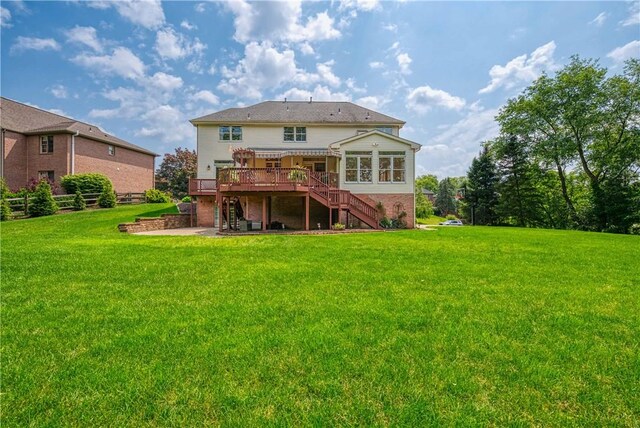 130 Sewickley Farm Cir, Marshall, PA 16046 - rear view of property with stairs, a deck, a yard, and brick siding