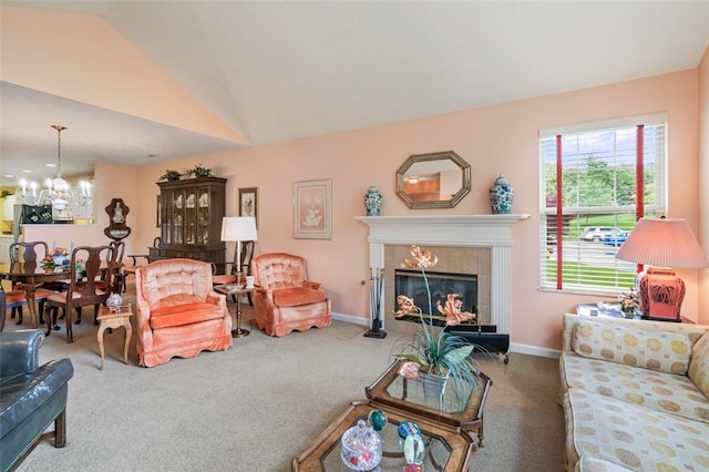 6422 Jefferson Pointe Cir, Jefferson Hills, PA 15025 - living room featuring a chandelier, carpet, lofted ceiling, and a fireplace