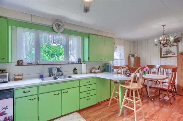1059 Old Princeton Rd, Shenango Twp Law, PA 16101 - kitchen featuring light countertops, light wood-style flooring, a chandelier, dishwasher, and wooden walls