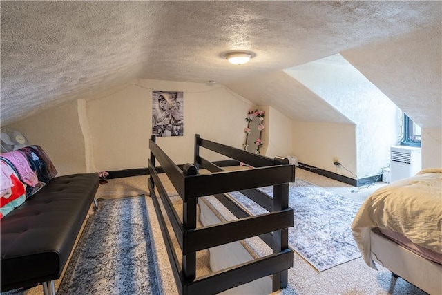 41 S 13th St, South Side, PA 15203 - bedroom featuring a textured ceiling, vaulted ceiling, and carpet floors