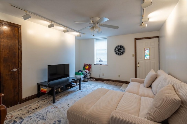 41 S 13th St, South Side, PA 15203 - living room featuring track lighting, a ceiling fan, and light colored carpet