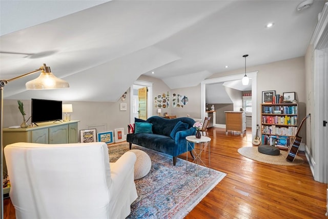 6909 Meade St, Point Breeze, PA 15208 - living room with lofted ceiling, hardwood / wood-style flooring, and recessed lighting