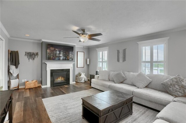 112 Norfolk Dr, Buffalo Twp But, PA 16055 - living room featuring wood finished floors, ceiling fan, a glass covered fireplace, ornamental molding, and recessed lighting