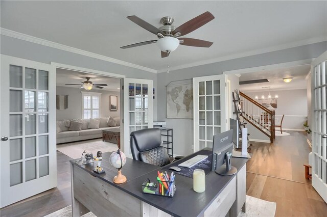 112 Norfolk Dr, Buffalo Twp But, PA 16055 - office area featuring wood finished floors, ceiling fan, crown molding, and french doors