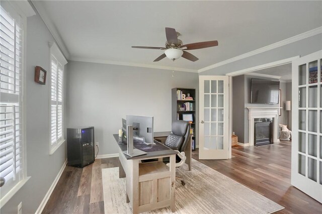 112 Norfolk Dr, Buffalo Twp But, PA 16055 - office space featuring wood finished floors, ceiling fan, a glass covered fireplace, french doors, and ornamental molding