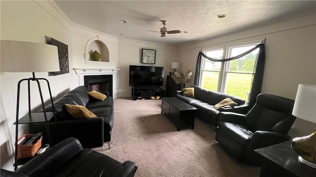 110 Mohawk Dr, Buffalo Twp But, PA 16055 - carpeted living room featuring crown molding, a fireplace, and ceiling fan