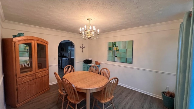 110 Mohawk Dr, Buffalo Twp But, PA 16055 - dining room with arched walkways, dark wood-style flooring, a chandelier, crown molding, and a textured ceiling