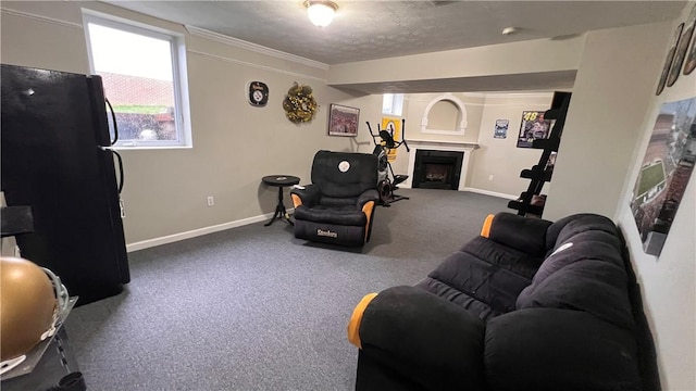 110 Mohawk Dr, Buffalo Twp But, PA 16055 - living room featuring carpet flooring, crown molding, and a fireplace