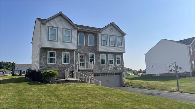 110 Mohawk Dr, Buffalo Twp But, PA 16055 - view of front of property with stone siding, an attached garage, a front lawn, and asphalt driveway