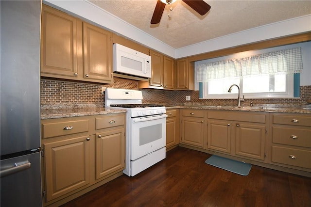 794 Mercer Rd, Center Twp But, PA 16001 - kitchen featuring white appliances, backsplash, dark wood-style floors, ceiling fan, and light stone counters