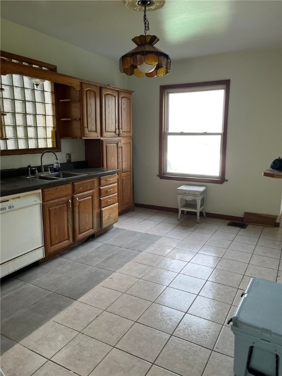 114 N Main St, Masontown, PA 15461 - kitchen with white dishwasher, light tile patterned flooring, open shelves, and plenty of natural light