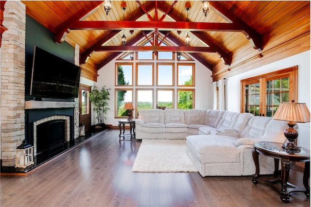 7 Shepherds Ln, North Strabane, PA 15330 - living room with a wood ceiling with exposed beams, a fireplace, high vaulted ceiling, and hardwood / wood-style floors