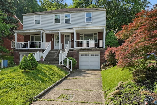 3917 Beechwood Blvd, Squirrel Hill, PA 15217 - view of front facade featuring covered porch, a garage, driveway, stairs, and brick siding