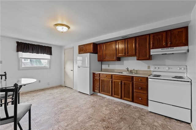 435 Walde St, Mount Oliver, PA 15210 - kitchen with white appliances, under cabinet range hood, light countertops, and brown cabinets