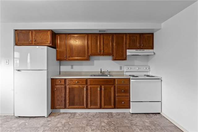 435 Walde St, Mount Oliver, PA 15210 - kitchen with white appliances, light countertops, under cabinet range hood, and brown cabinetry
