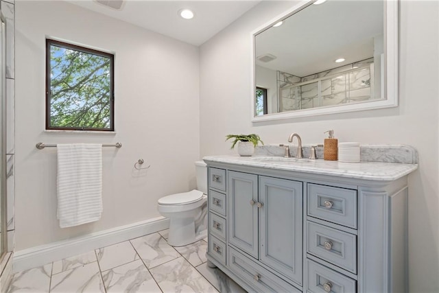 112 Taylor Run Rd, Monongahela, PA 15063 - full bath featuring marble look tiles, vanity, a shower with door, and recessed lighting
