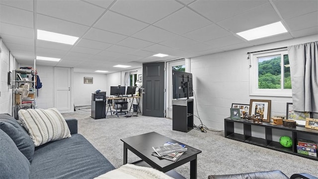 1451 Keystone St, Natrona Hts/Harrison Twp, PA 15065 - living area with a paneled ceiling, concrete block wall, carpet flooring, and a desk