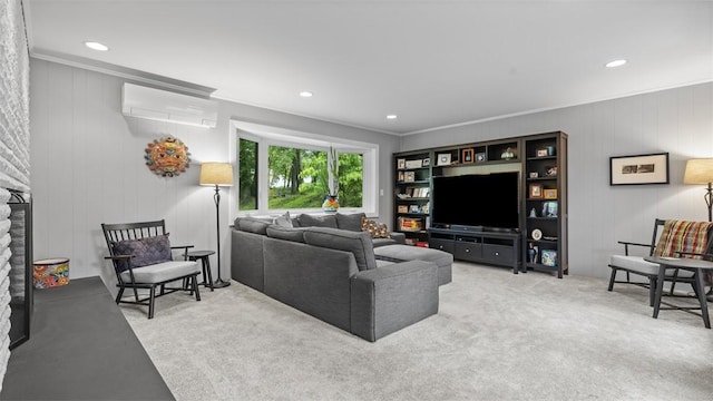 1451 Keystone St, Natrona Hts/Harrison Twp, PA 15065 - carpeted living area featuring an AC wall unit, ornamental molding, and recessed lighting