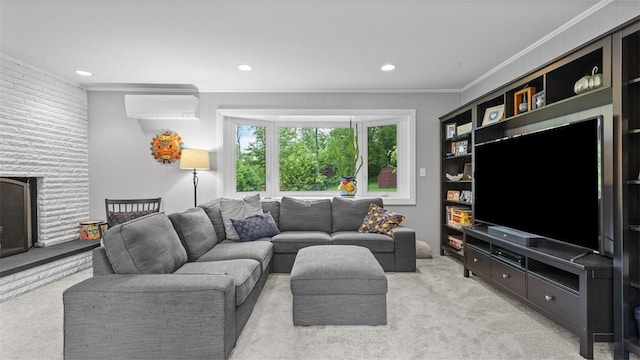 1451 Keystone St, Natrona Hts/Harrison Twp, PA 15065 - living room featuring an AC wall unit, light carpet, crown molding, and recessed lighting