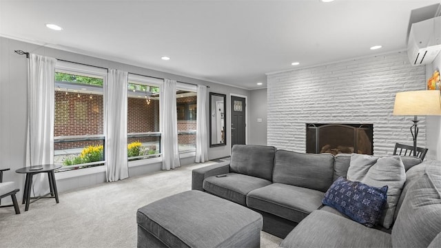 1451 Keystone St, Natrona Hts/Harrison Twp, PA 15065 - living room with carpet flooring, a wall mounted AC, recessed lighting, and a fireplace