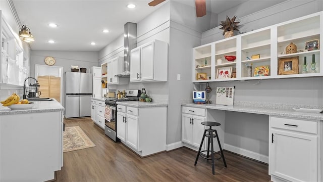 1451 Keystone St, Natrona Hts/Harrison Twp, PA 15065 - kitchen featuring stainless steel appliances, wall chimney range hood, dark wood-type flooring, white cabinets, and open shelves