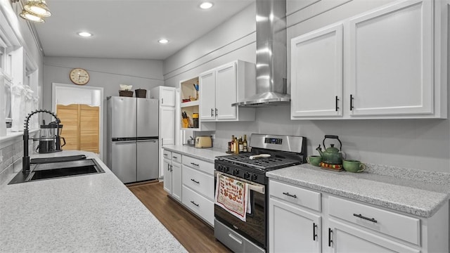1451 Keystone St, Natrona Hts/Harrison Twp, PA 15065 - kitchen featuring appliances with stainless steel finishes, wall chimney exhaust hood, open shelves, white cabinets, and light countertops