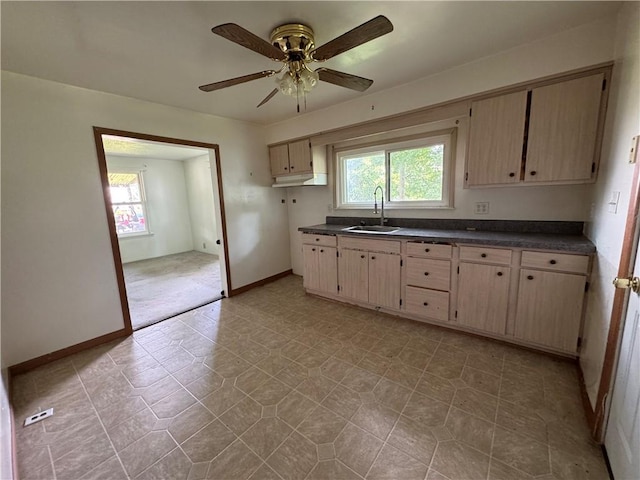 3112 Ridge Ave, Hopewell Twp Bea, PA 15001 - kitchen with dark countertops, a ceiling fan, and light brown cabinets