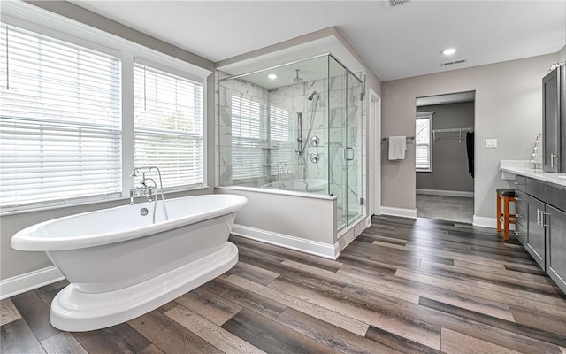 1191 Brook View Ct, Mccandless, PA 15237 - full bathroom with a shower stall, vanity, a soaking tub, wood finished floors, and recessed lighting