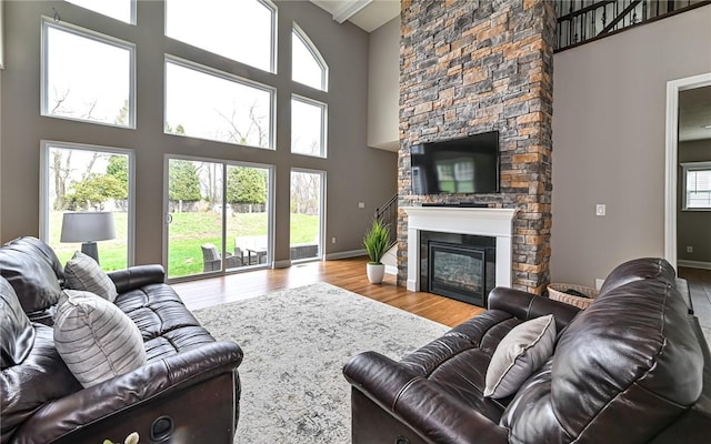 1191 Brook View Ct, Mccandless, PA 15237 - living area featuring a high ceiling, a stone fireplace, and wood finished floors