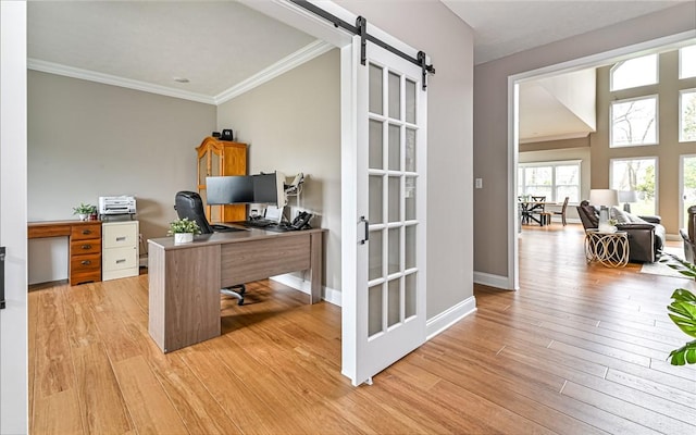 1191 Brook View Ct, Mccandless, PA 15237 - office featuring light wood-style floors, crown molding, and a barn door