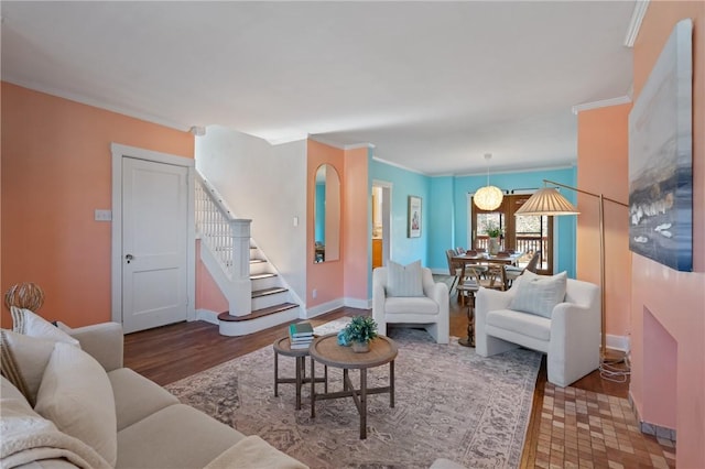 3485 Beechwood Blvd, Greenfield, PA 15217 - living area with crown molding, stairway, and wood finished floors