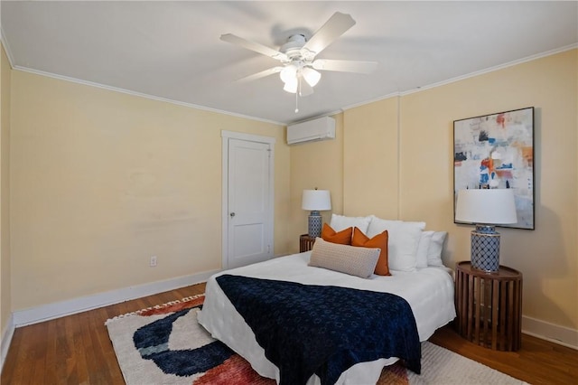 3485 Beechwood Blvd, Greenfield, PA 15217 - bedroom with a wall unit AC, ornamental molding, wood finished floors, and ceiling fan