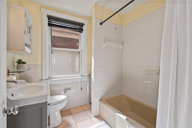 3485 Beechwood Blvd, Greenfield, PA 15217 - full bathroom featuring tile walls, tile patterned floors, shower / bathtub combination with curtain, vanity, and a wainscoted wall
