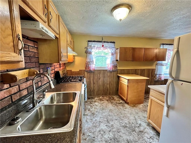 1974 Tara Dr, North Huntingdon, PA 15642 - kitchen featuring freestanding refrigerator, under cabinet range hood, a textured ceiling, stainless steel range with gas stovetop, and light carpet