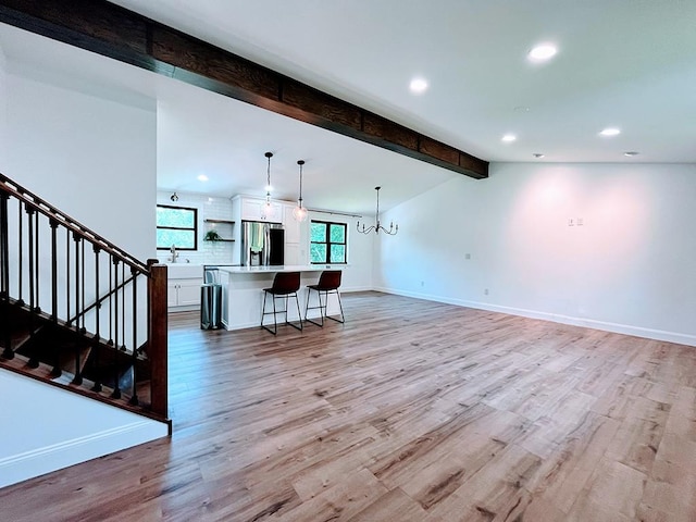 155 Broadbent Rd, Ohio Twp, PA 15143 - living area with light wood-type flooring, a chandelier, recessed lighting, and stairway