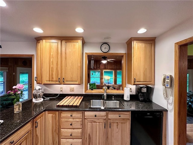 315 Lake Dr, Neshannock Twp, PA 16105 - kitchen with dishwasher, dark stone counters, and ceiling fan