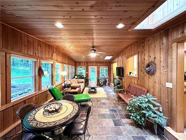 315 Lake Dr, Neshannock Twp, PA 16105 - sunroom / solarium featuring wood walls, stone finish floors, a skylight, wooden ceiling, and recessed lighting