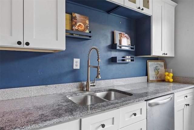 12 Township Rd, West View, PA 15229 - kitchen with stainless steel dishwasher, white cabinets, stone counters, and open shelves