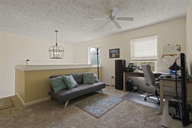 23 Sunset Ct, Cranberry Twp, PA 16066 - office area with a textured ceiling, a ceiling fan, carpet, and a chandelier