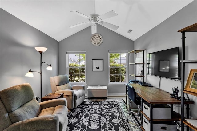 1041 Clerkenwell Ln, Cranberry Twp, PA 16066 - home office featuring ceiling fan, vaulted ceiling, and wood finished floors