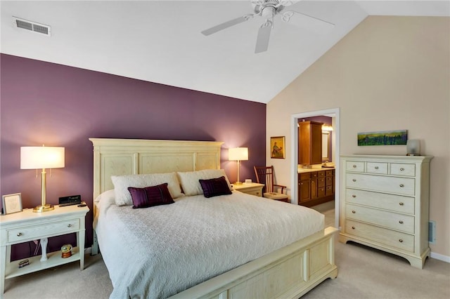 1041 Clerkenwell Ln, Cranberry Twp, PA 16066 - bedroom featuring light carpet, high vaulted ceiling, ceiling fan, and connected bathroom